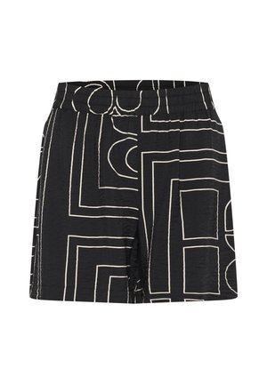 Schwarze Shorts mit einer gekräuselten Textur, die ein geometrisches Muster in Cremefarbe aufweisen. Elastischer Bund für Komfort und eine entspannte Passform.