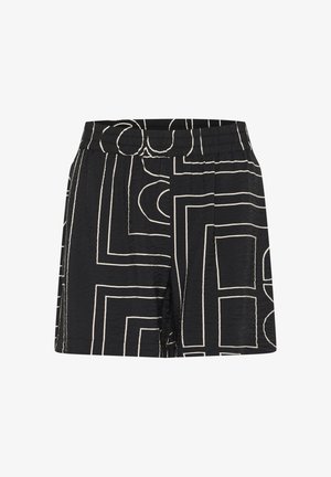 Black shorts with a crinkled texture, featuring a geometric cream pattern. Elastic waistband for comfort and a relaxed fit.