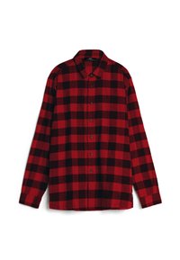 Rood-zwart geruit flanellen overhemd, lange mouwen, met kraag, knoopsluiting, zachte textuur, met een klassiek ruitpatroon.