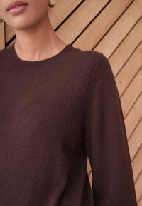 Brown knit sweater with a round neckline and textured shoulders. The fabric appears soft with a subtle sheen. Gold hoop earrings visible.