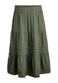Jupe verte olive, à plusieurs niveaux, avec un taille smockée. Dotée de surpiqûres horizontales et de détails brodés floraux près de l'ourlet. Fabriquée en tissu léger.