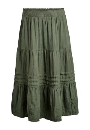 Olivgrön, lager-på-lager kjol med smockad midja. Har horisontella sömmar och blommönstrad broderi nära fållen. Tillverkad av lättviktsmaterial.