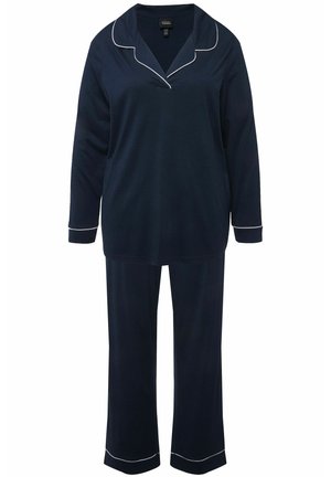 Marineblaue Schlafanzug-Set aus weichem Stoff; verfügt über lange Ärmel, ein kragenförmiges Oberteil mit weißer Paspel und dazu passende Hose mit elastischem Bund.