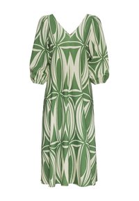 Green and cream patterned dress with a V-neck, short puff sleeves, and an A-line silhouette. The fabric features geometric designs.