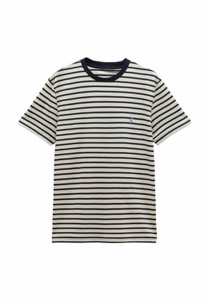Short-sleeve white T-shirt with black horizontal stripes and a small blue embroidered logo on the left chest.