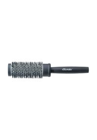 Round black hairbrush with a textured, bristle-covered barrel and a smooth, ergonomic handle. The handle features a logo.