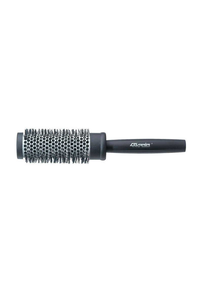 Round black hairbrush with a textured, bristle-covered barrel and a smooth, ergonomic handle. The handle features a logo.