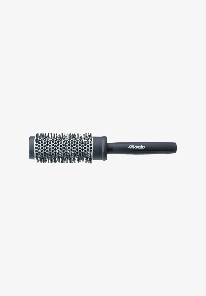 Round black hairbrush with a textured, bristle-covered barrel and a smooth, ergonomic handle. The handle features a logo.