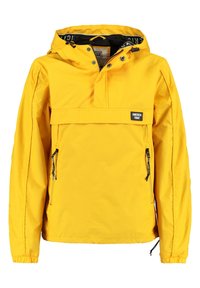 Geel hoodie jack met een half-rits aan de voorkant, zijzakken, elastische boorden en een merklabel op de borst. Lichtgewicht, gladde textuur.