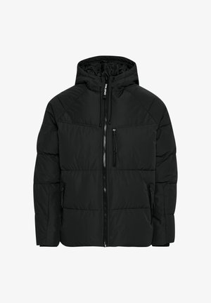 Svart pufferjacka med huva, dragkedja framtill, sidofickor och quiltad design. Tillverkad av slätt, isolerat material.