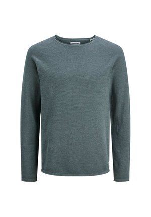 Pikkade varrukatega crewneck svett emast tumerohelisest struktuursest kangast, millel on lihtne disain ja ei ole nähtavaid mustreid ega aktsente.
