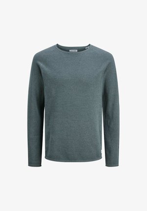 Pikkade varrukatega crewneck svett emast tumerohelisest struktuursest kangast, millel on lihtne disain ja ei ole nähtavaid mustreid ega aktsente.