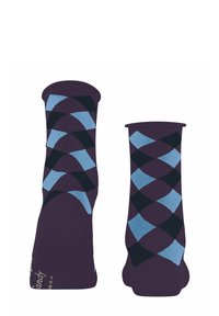 Lila Socken mit einem diamantförmigen Muster in Hellblau und Schwarz, gefertigt aus einem weichen Stoff mit glatter Textur.