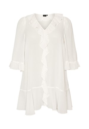 Witte blouse met V-hals, lange mouwen en vallende ruches aan de voorkant, met licht uitlopende zoom en gerimpelde manchetten.