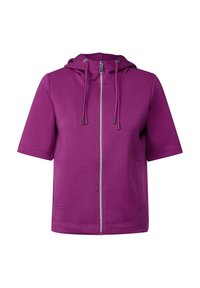 Lila zip-up hoodie med huva, korta ärmar och två framfickor. Tillverkad av mjukt tyg med dragsnören och detaljer i silverfärgad dragkedja.