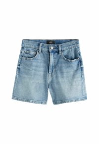 Denimshorts i ljusblått, medelhöga, med knäppning, fem fickor och blekt textur. Sömd kant och etikett på midjebandet.