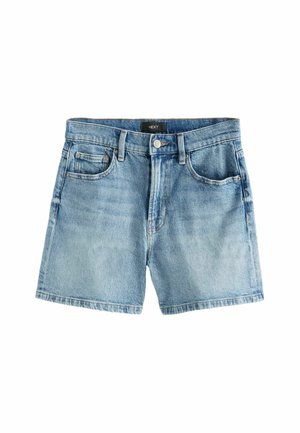 Denimshorts i lyseblå, mellemhøj talje med knaplukning, fem lommer og afbleget tekstur. Sømmet er syet, og der er et mærke på linningen.