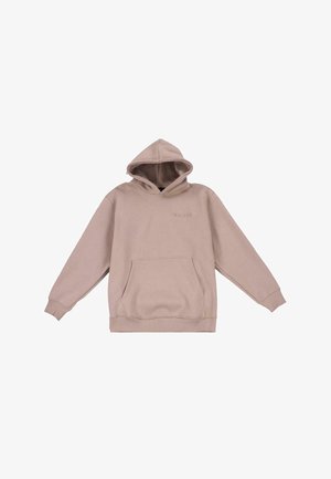 Beżowa bluzka z kapturem wykonana z miękkiej mieszanki bawełny, z przednią kieszenią, ściągaczami przy mankietach oraz minimalnym brandingiem na piersi.