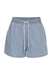 Shorts en denim rayés de couleur bleu clair avec une taille élastique à cordon de serrage et des poches latérales ; caractérisés par une coupe décontractée et un ourlet droit.