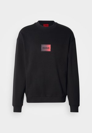 Black sweatshirt made of cotton blend, featuring a round neck, ribbed cuffs, and a central rectangular logo with "HUGO" in bold lettering.
