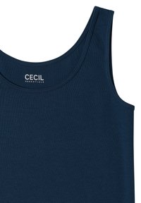 Camiseta sin mangas azul marino con cuello redondo y "CECIL ESSENTIALS" impreso en el interior en la parte posterior del cuello.