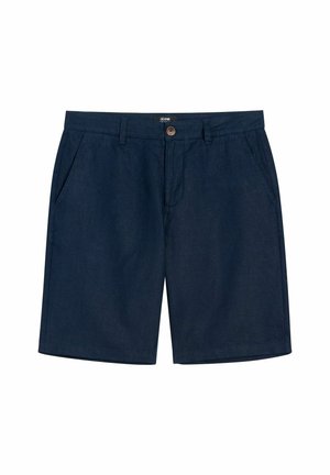 Granatowe męskie szorty do kolan z szlufkami na pasek, kieszeniami bocznymi i zapięciem na guzik z przodu.