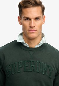Felpa verde scuro con logo "SUPERDRY" ricamato, scollo rotondo e tessuto strutturato. Indossata sopra una camicia a righe blu chiaro e bianca con colletto.