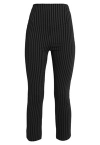 Svarta randiga byxor med en elegant design, elastisk midja och slim fit. Tillverkade av ett mjukt tyg med en slät yta.