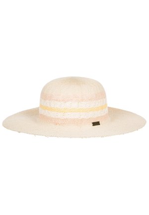 Wide-brimmed straw sun hat with pastel pink, white, and yellow stripes and a small metal brand tag on the side.