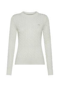 Maglione bianco a lavorazione a maglia con maniche lunghe, scollatura tonda e fondo a coste. Presenta un piccolo logo sulla parte superiore sinistra del petto.