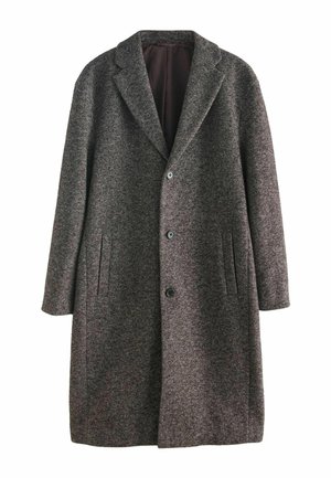 Wollmischung-Übermantel in einem dunkelgrauen Fischgrätmuster, mit Reverskragen, drei Knöpfen und Seitentaschen.