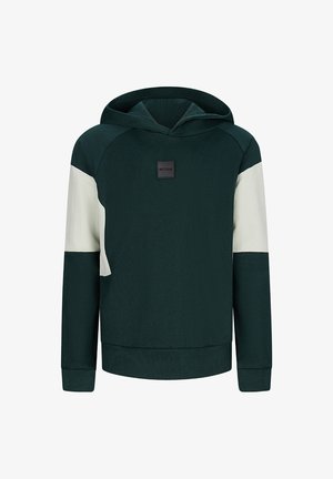 Sweat à capuche vert avec des accents crème, présentant un patch logo carré, des poignets et un ourlet côtelés, et un tissu doux et texturé.