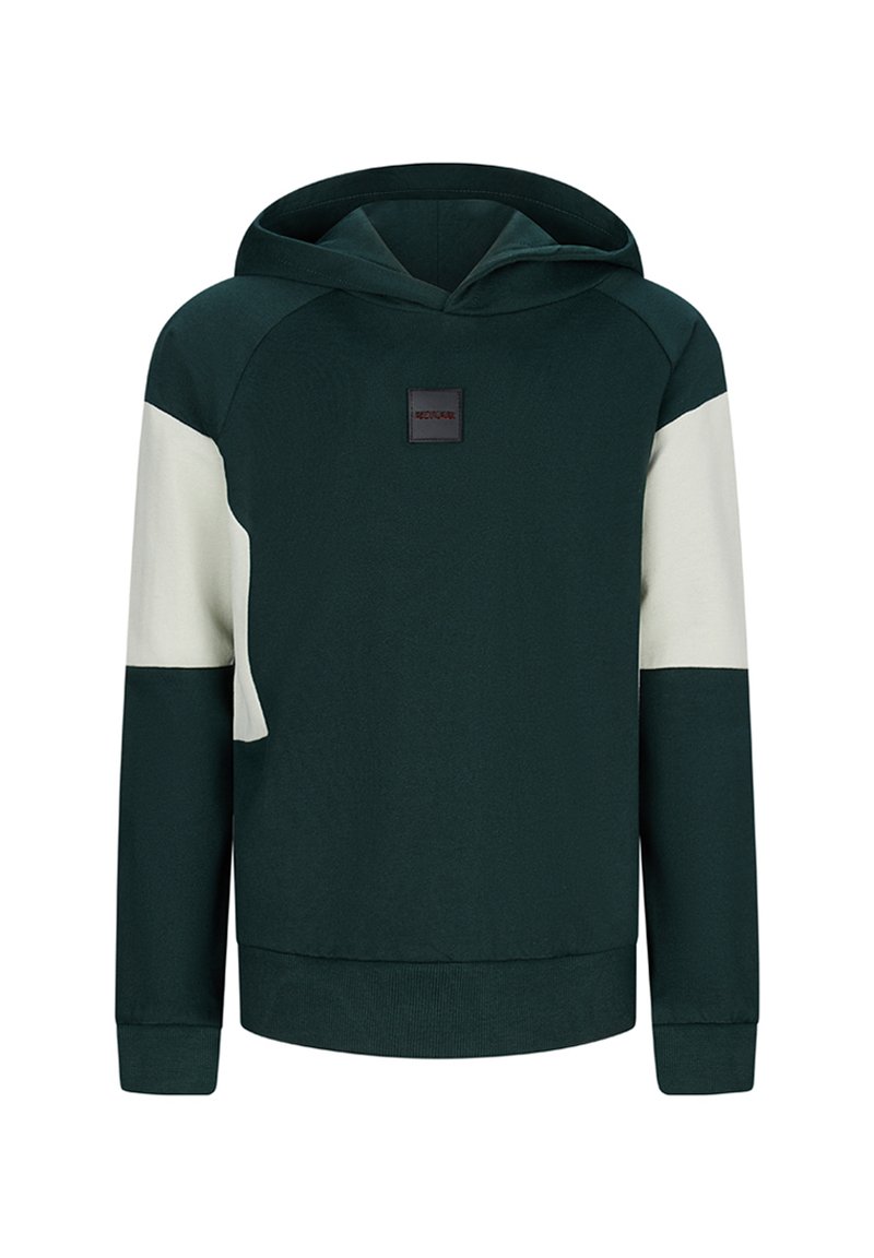 Felpa verde con cappuccio e dettagli crema, caratterizzata da una toppa con logo quadrato, polsini e orlo ribattuti e un tessuto morbido e testurizzato.