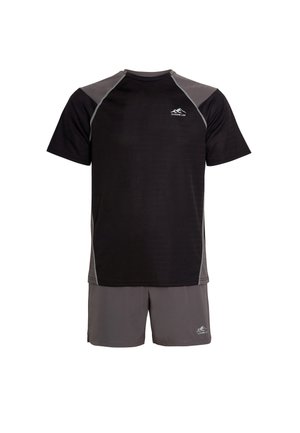 Black athletic shirt with gray accents and short sleeves, paired with gray shorts; features breathable material for comfort during activity.