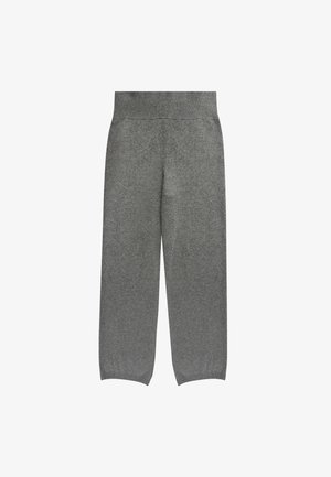 Grijze wijde broek van zachte, gestructureerde stof met een gebreide tailleband. Heeft een rechte snit en een enkellange ontwerp.