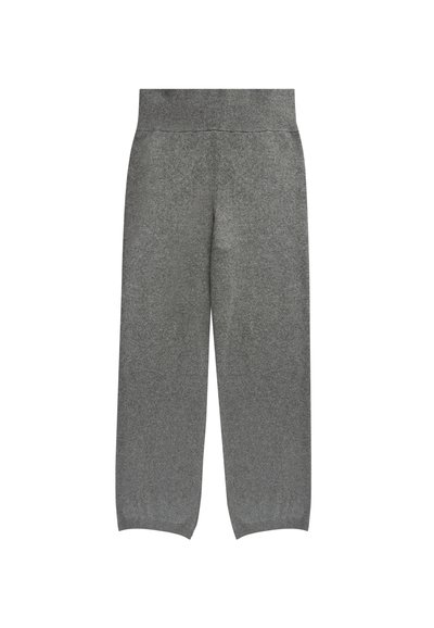 Graue, weit geschnittene Hose aus weichem, strukturiertem Stoff mit einem gestrickten Bund. Verfügt über einen geraden Schnitt und ein knöchellanges Design.