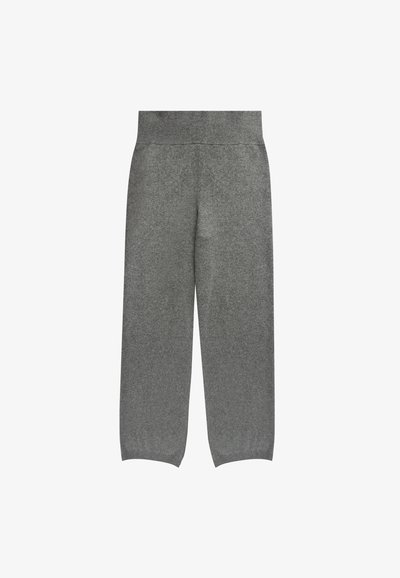 Grijze wijde broek van zachte, gestructureerde stof met een gebreide tailleband. Heeft een rechte snit en een enkellange ontwerp.