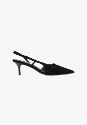 Black suede slingback heel with a pointed toe, thin heel, and cross-strap design. Features a decorative buckle accent.