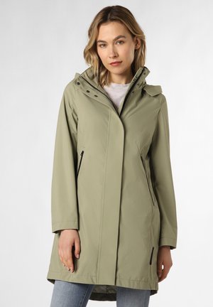 Hellegrüne wasserdichte Jacke mit Kapuze, ausgestattet mit einem Reißverschluss, zwei Seitentaschen und einem schlanken, ergonomischen Design.