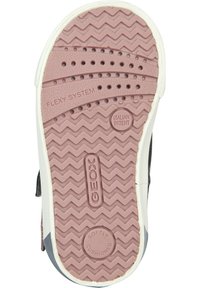 Sole boty GEOX z růžové gumy, s vlnkovou texturou a ventilačními otvory, s označením "FLEXY SYSTEM" a "SOFTLY CUSHIONED."