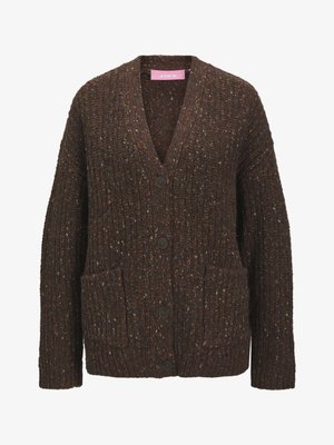 Pruuni paksust soonikust kardigan pikkade varrukate, nelja musta nööbi, kahe esitasku ja V-kaelusega.