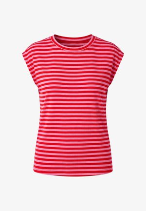 Top cu mânecă scurtă, dungi orizontale roșii și roz, cu decolteu rotund și textură rebrodată, prezentat pe fundal alb.