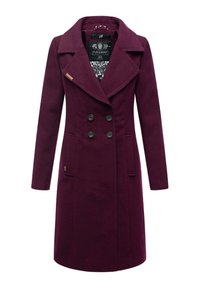 Manteau en mélange de laine bordeaux avec un design à double boutonnage, un large col, des poches avant et une doublure à motifs. Possède des boutons noirs et une étiquette de logo.