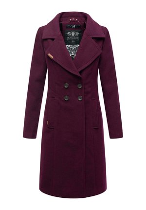 Manteau en mélange de laine bordeaux avec un design à double boutonnage, un large col, des poches avant et une doublure à motifs. Possède des boutons noirs et une étiquette de logo.