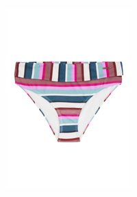 Bikini gaćice sa prugama koje sadrže horizontalne pruge u plavoj, ružičastoj i smeđoj boji. Izrađene su od glatkog materijala s detaljem nabrane strukovne linije.