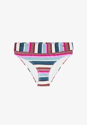 Majtki bikini w paski z poziomymi pasami w kolorze niebieskim, różowym i brązowym. Wykonane z gładkiego materiału z marszczonym detalem w pasie.