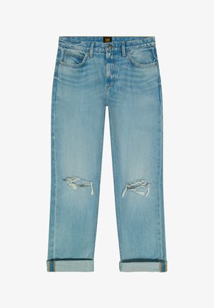 Jeans in denim celeste con taglio rilassato, caratterizzati da dettagli strappati sulle ginocchia e risvolti. Include un classico design a cinque tasche.