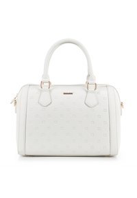 Sac à main blanc avec motif floral en relief, texture lisse, doubles poignées supérieures, quincaillerie dorée et fermeture à glissière.