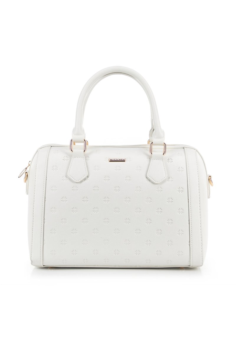 Sac à main blanc avec motif floral en relief, texture lisse, doubles poignées supérieures, quincaillerie dorée et fermeture à glissière.