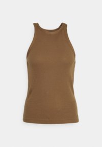 Brun ribbad ärmlös topp med hög halsringning och slimmad passform, visad mot en enkel vit bakgrund.